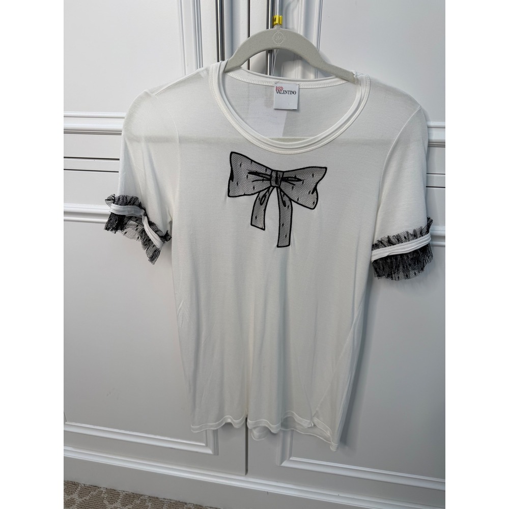 Red Valentino T-Shirt Women L White Excellent Lace Bow Ruffle Trim Tee